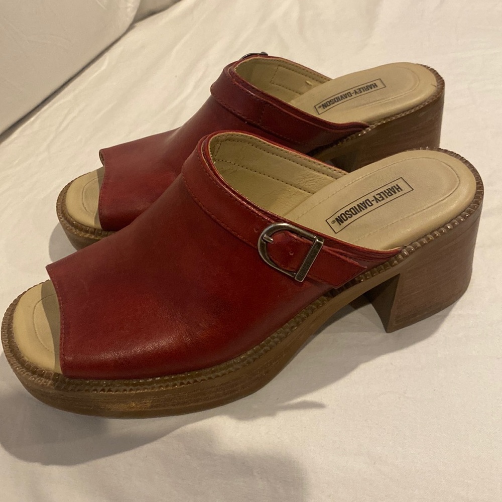 Harley Davidson vintage burgundy leather slide wedge heels